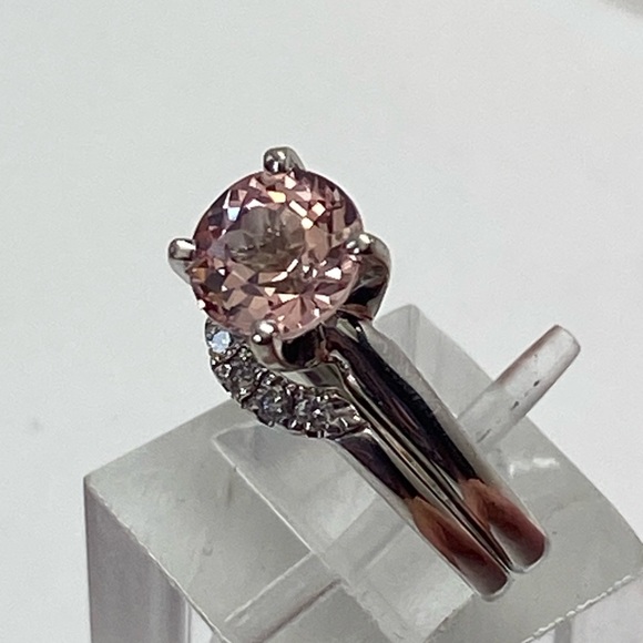 14K White Gold Morganite Solitaire Engagement Ring with Diamond Wedding Band - Picture 4 of 15